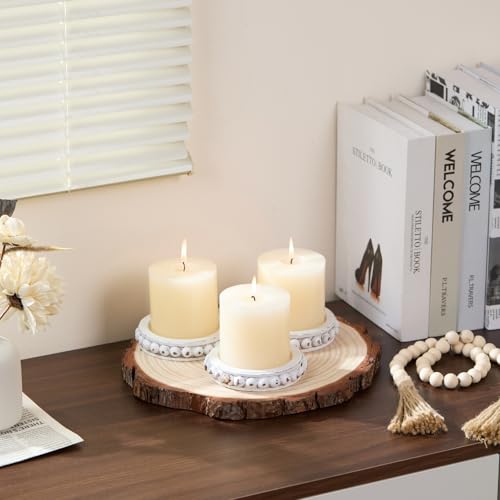 Wooden Candle Holders for Pillar Candles, Set of 3 Wood Beaded Plate with Metal Cup Inserts, 4 Inch Rustic Farmhouse Tray Stand for Fireplace Mantel, Table Centerpiece Decor - White - color: Distressed White