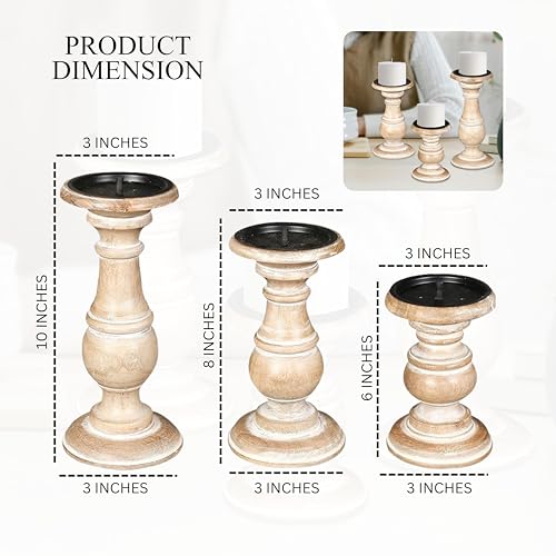 The Wooden Town White Wash Candle Holder Set of 3 – 10", 8", 6" Rustic Pillar Stands – Turned Wood Columns for Home Decor, Weddings, Spa, Parties – Country Farmhouse Style - color: White Wash, size: 6"+8"+10" - High