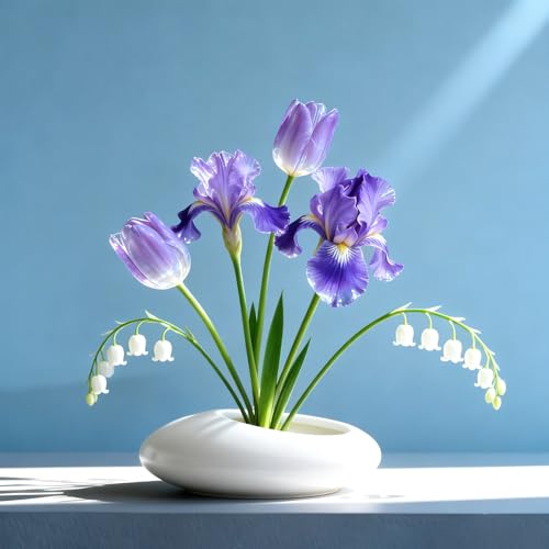Flower Frog Vase Kit, Ikebana Flower Arrangement, Ceramic Water Drop Flower Pot & Flower Frog Flower Arrangement Vase Kit (White Small Size) - color: White Small Size