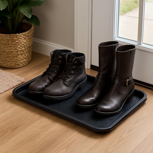 2 Pack Boot Tray & Shoe Mat for Entryway – 16.5" x 12.5" Floor Protector for Wet & Muddy Shoes, Pets, Plants – Waterproof Plastic with Raised Edge for Indoor/Outdoor Use (Black) - color: Black