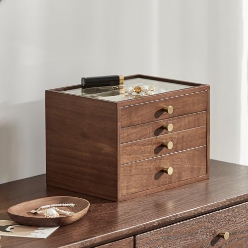 CHOSIN Black Walnut Jewelry Box for Women, 4-Layer Wooden Organizer with Glass Lid, for Watches, Necklaces, Rings & Earrings Storage Christmas Gifts - style: 4 Layer A