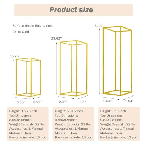 10 Pcs 15.75inch Gold Wedding Flower Vase Metal Column Flower Stand, Geometric Centerpieces Vase for Table, Home Party Wedding Decorations - size: 15.75 Inches - 10 pcs