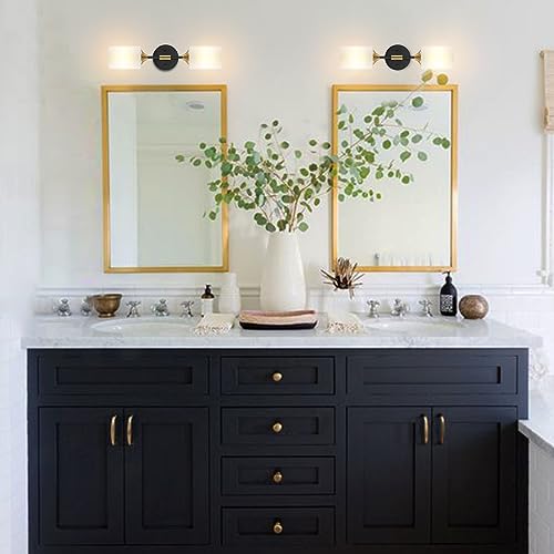 BYOLIIMA Industrial Mid Century Wall Sconce 2-Lights with White Cylinder Glass Shades Modern Bathroom Vanity Wall Lamp Matte Black and Gold Brushed Brass Finished Wall Light Fixture - color: Gold/Black-Cylinder Glass Shades