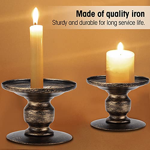 2 Pcs Vintage Pillar Candle Holders, Metal Candleholder Retro Pedestal Pillar Stands Candlestick Holders for Home Decor, Wedding Centerpieces, and Special Occasions