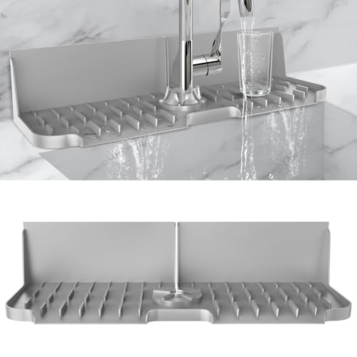 LVJING 17” x 5.5” Silicone Faucet Handle Drip Catcher Tray Mat, Silicone Faucet Mat Dish Soap Sponge Holder for Kitchen Sink, Drying Mat for Kitchen Counter Bathroom Kitchen Sink Splash Guard - Grey - size: 17” Grey