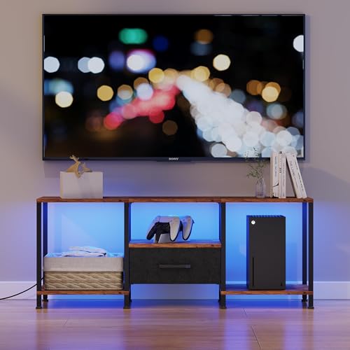 JARHETUN TV Stand with LED Lights, Entertainment Center with Open Shelves and Fabric Drawer, Media Console for 55 Inch TV, Television Stands, Living Room Furniture, Bedroom, Rustic Brown - color: Rustic Brown With Led Light, size: 46.1 Inches
