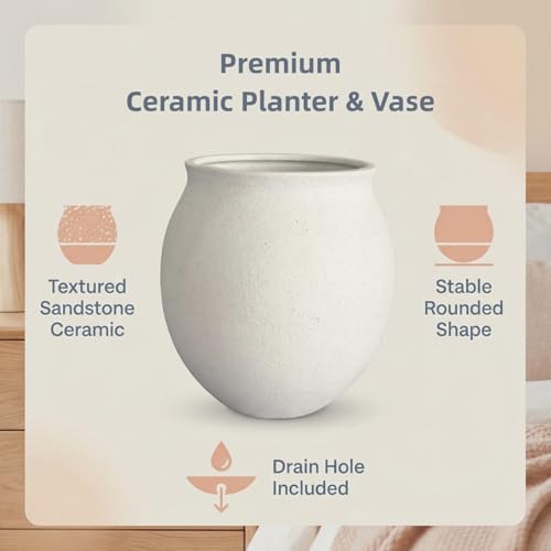 Round Wide Mouth White Ceramic Vase -9.7" Large Flower Pot with Drainage Hole for Indoor Plants, Gravel Textured Cream White Vase & Planter for Home Decor