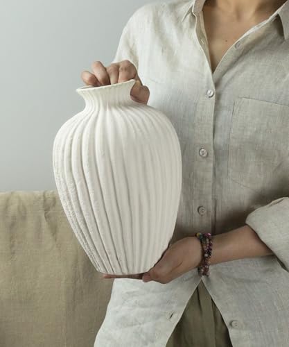 Handmade Ceramic Decorative Vase – Warm White Rustic Textured 10.4” Round Vase with Irregular Waves and Weathered Stone Finish for Home, Office, Farmhouse Decor - size: Large