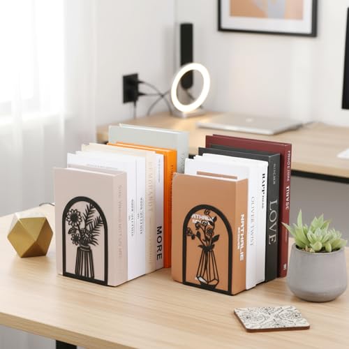 Kifmurase 5 Pair Metal Book Ends, Modern Decorative Flower Shelves Bookends, Black Book Stopper for Heavy Books, Novety Floral Books Shelf Holder Ends for Home Office School, 6.6×4.7×3.6 inch