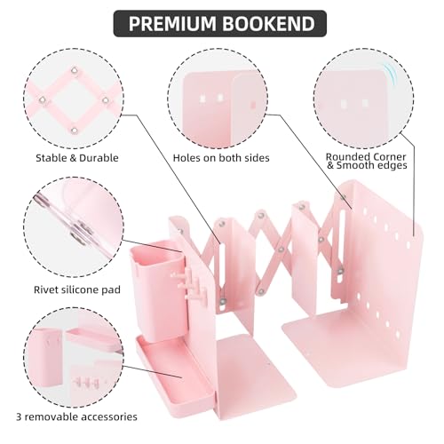 Adjustable Bookends, 19" Metal Book Ends for Heavy Books, 2 Dividers Bookends with Removable Pen Holder, Tray, and 3 Hook-up, Book Organizer for Office, School, Bookstore, Home - color: Pink