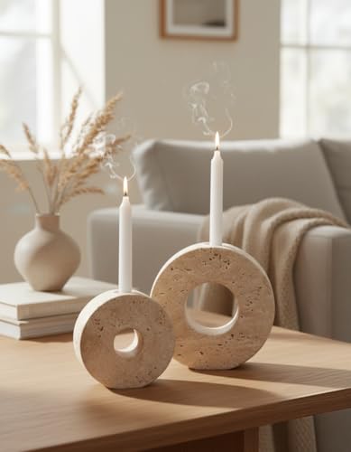 Marble Candle Holder Set of 2 Handmade Candlestick Holders for Taper Candles, Elegant Travertine Candle Stick Holders for Candlesticks, Centerpieces for Tables & Entryway Table Decor - color: Travertine