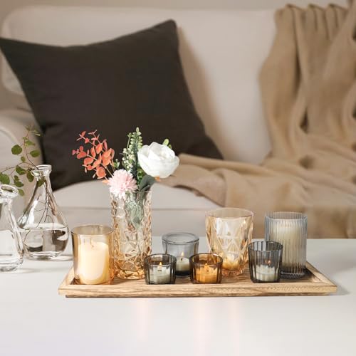 Rustic Wooden Tray with 8 Brown Glass Votive Candle Holders, Decorative Tea Light Holder Set for Mantel, Centerpiece, Dining Table Centerpiece Set, and Home Decor(Set of 8 Pieces) - color: Brown