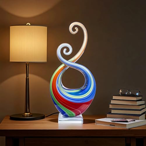 14″ Hand Blown Glass Decor - Murano Style Art Glass Sculpture - Weatherproof Multicolor Swirled Abstract Cameo Glass Artwork for Indoor Outdoor Use - Giftable Art Piece - color: Vibrant
