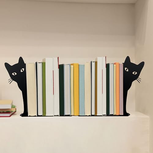 Peeping Cat Metal Bookends Cute Cat Book Ends for Shelves Bookshelf Decorative Objects Home Office Desk Bookshelf Decor Cat Lover Gifts for Women (Black)
