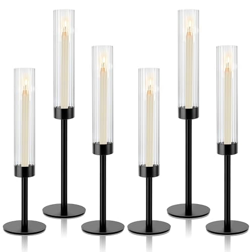 Black Hurricane Candle Holders, Set of 6 Glass Taper Candlestick Holders Metal Candle Stands Bulk with Ribbed Glass Cover for Dining Tables Wedding Candelabra Centerpieces Decor - color: Black