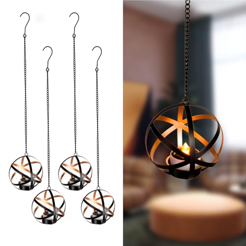 Solar Lanterns Outdoor Waterproof, 4 Pack Hanging Tea Lights with Candle Holder, Small Solar Chandelier for Trees, Patio, Backyard, Garden, Porch, Balcony Decorative (Armillary)