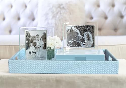 HofferRuffer Rectangle Serving Tray with Hole Handles for Coffee Table, Breakfast, Tea, Food, Butler - Countertop, Kitchen, Vanity Serve Tray, 16.2 x 12.2 x 2 inches, Faux Leather (LightBlue) - color: Lightblue, size: 16.2" x 12.2" x 2"