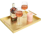 Set of 2 Modern Elegant Large Wood Serving Tray, Rectangle Decorative Tray Ottoman Tay Coffee Table Tray, Gold Crocodile Leather with Gold Polished Metal Handles - style: Golden Crocodile Tray