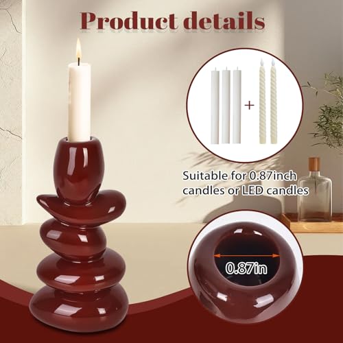 Faux Pebble Taper Candle Holders Set of 2, Modern Candlestick Holders for Table Centerpieces,Shelf Decor,Housewarming Gift, Fits 0.87'' Candles, Coffee Brown