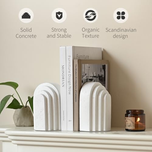 Decorative Bookends for Shelves, Set of 2 Book Ends for Heavy Books, Layered Arch Design White Bookend - color: White