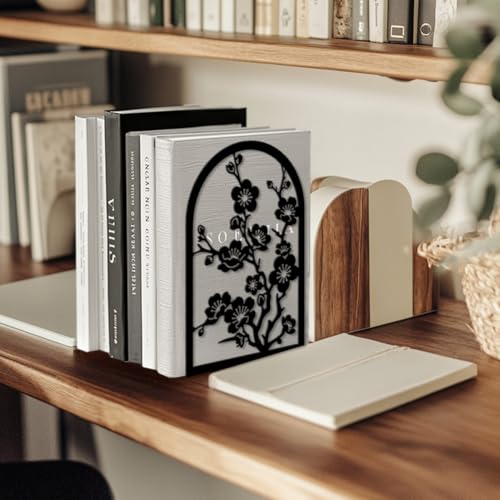Peacoblue Metal Bookends for Shelves, Modern Decorative Heavy Duty Study Book Ends Stoppers for Office, Desk, Shelf, Room 5.3"x4.3"x7.9" Cast Iron Simple Tall Bookends 1 Pair (Plum Blossom Branches) - style: Plum Blossom Branches