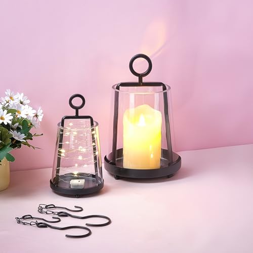 6" & 4" Wide Modern Farmhouse Metal Hurricane Candle Holder with Handmade Sturdy Glass Sleeve in Black for Pillar Candle & Plants, Glass Hurricane Lantern, Industrial, Minimalistic - color: Black, size: 6"x10" & 4"x7.5"