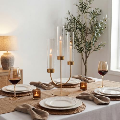 Sziqiqi Candelabra Gold Candlestick Holders: 3 Arm Candelabra Centerpiece with Glass Hurricane for Dining Table Fireplace - Modern Candle Holders for Wedding Christmas - color: Gold