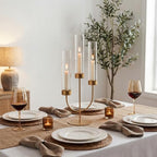 Sziqiqi Candelabra Gold Candlestick Holders: 3 Arm Candelabra Centerpiece with Glass Hurricane for Dining Table Fireplace - Modern Candle Holders for Wedding Christmas - color: Gold