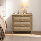 SICOTAS Night Stand with Drawers, Large Rattan Bedside Table with Golden Handle, 3 Drawers Nightstand Tall End Table Side Table Boho Nightstand for Bedroom - color: Carbon Cherry