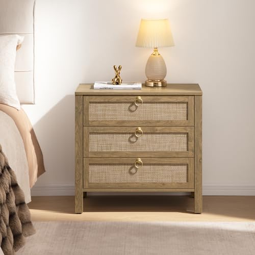 SICOTAS Night Stand with Drawers, Large Rattan Bedside Table with Golden Handle, 3 Drawers Nightstand Tall End Table Side Table Boho Nightstand for Bedroom - color: Carbon Cherry