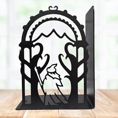 Decorative bookends for Shelves, 7 Inch Tall Heavy Metal Bookends, Unique Bookends, Non Skid Book Ends, Book Stopper for Home/Office Decor/Shelves, Wizard and Dragon Design, Black, 3lb