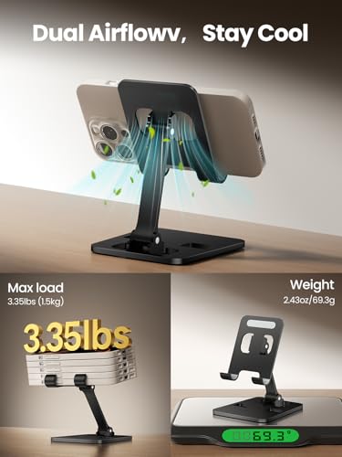 Phone Stand for Desk, Dual Folding Cell Phone Holder, Fully Adjustable Portable Mobile Phone Holder for iPhone 17 16 15 14 13 12 11 Pro Max Plus Air, Galaxy S25 S24, All Phones (Black) - color: Black