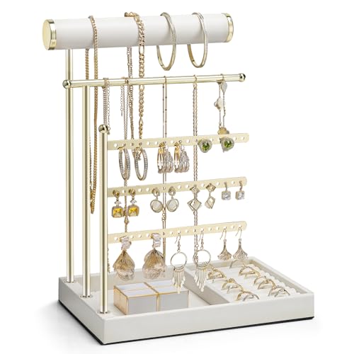 VLANDO Jewelry Stand Organizer with Ring Holder, Jewelry Holder Organizer with Tray, Necklace Holder Bracket Holder Earring Holder - White - color: White