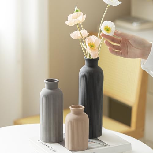 Modern Ceramic Vase Set, Black Ribbed Matte Design, 3-Piece Decorative Vases for Home, Living Room, Office (Black Mix) - color: Black Mix