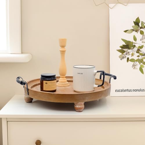 Wooden Decorative Tray for Coffee Table, Round Wood Serving Tray with Metal Handles, 13 Inch Rustic Wood Trays for Tale Centerpiece, Home Kitchen Farmhouse Decor