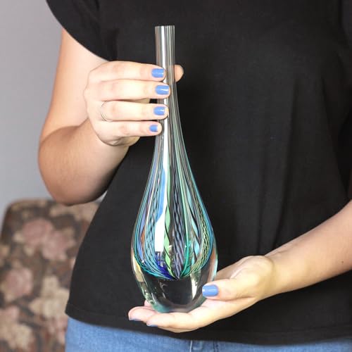 Ca D Oro Small Drop Glass Vase Boho with Blue/Green Canes Hand Blown Murano-Style Art Glass - Model Tall - color: Blue