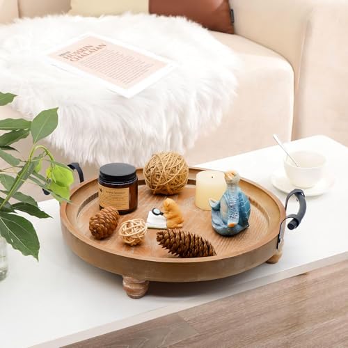 Wooden Decorative Tray for Coffee Table, Round Wood Serving Tray with Metal Handles, 13 Inch Rustic Wood Trays for Tale Centerpiece, Home Kitchen Farmhouse Decor