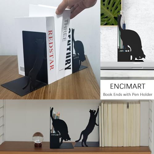 Cat Book Ends for Shelves, Metal Decorative Book Ends with Pen Holder, Fun Unique Bookends, Cool Black Cat Bookends for Home Office Desk Bookshelf Decor, Gift for Cat Lovers and Reading Enthusiasts - color: Black Cat