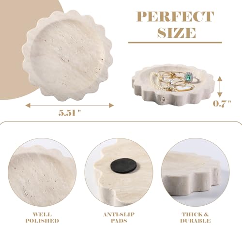 Koville 5.51" Travertine Tray, Natural Stone Trinket Dish for Ring Perfume, Round Scalloped Decorative Tray for Bathroom Vanity Dresser Countertop, Home Table Decor - color: Beige Travertine, size: D=5.51"