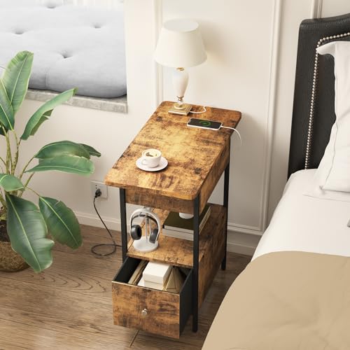 SOOWERY End Table with Charging Station, Narrow Side Table with Flip Top Cabinet and Fabric Drawer, Nightstand Bedside Tables for Small Spaces, Bedroom, Living Room, Rustic Brown - color: Rustic Brown