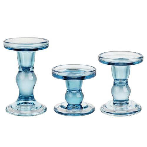 3-Piece Set of Blue Glass Candlestick, Crystal Candlestick Holder Holder and Conical Candle, Christmas Candle Holder Decoration, Family Living Room Wedding Candle Holder (Blue) - color: Blue