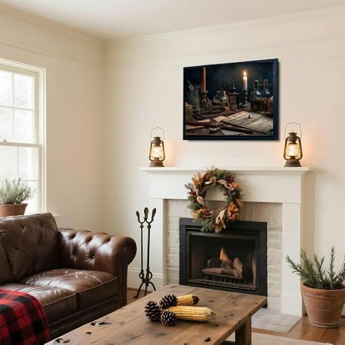 A table topped lots different types objects generative Dark academia Black Framed Canvas Wall Art for Living Room Bedroom Kitchen Bathroom Prints Pictures Wall Decor Posters Painting Artwork 12x16