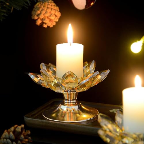 1 PC Gold Crystal Flower Tea Light Holder, Glass Tealight Candlestick with Metal Base, Votive Candle for Table Centerpiece, Wedding/Parties Decor, Nice Gift - color: Gold