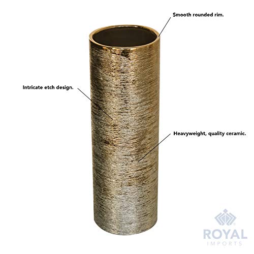 Royal Imports Flower Glass Ceramic Vase Decorative Centerpiece for Home or Wedding - Etched Cylinder Shape, 4"x12", Gold - size: Cylinder (4x12)