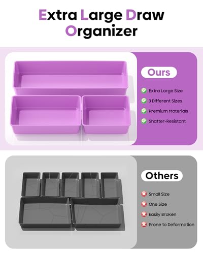10 Pack Large Size Plastic Drawer Organizers Set, 3 Sizes Desk Drawer Organizer Trays, Storage Bins for Vanity, Makeup, Bathroom, Kitchen Utensils and Office (Purple) - color: Purple