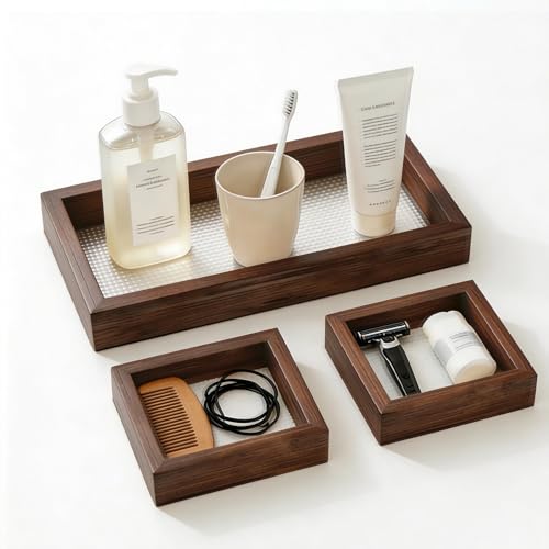 Rectangle Small Tray Set of 3, Desk Drawer Organizer - Stackable, Walnut - color: Walnut, size: 3-Piece Set