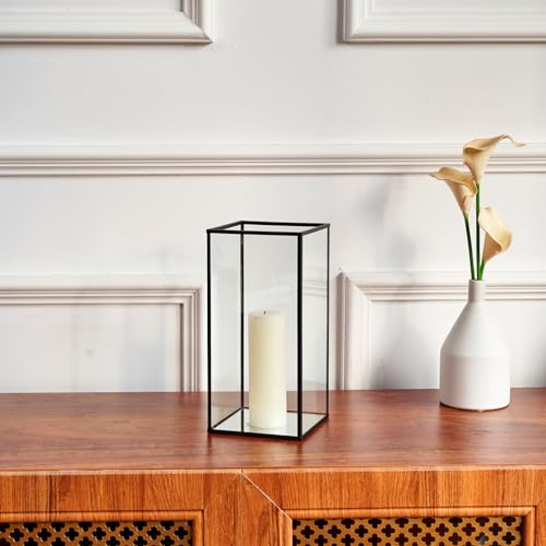 PHOSPHOR Glass Hurricane Candle Holder Set of 3 PCS Large Glass Square Candle Holder Black Lanterns Decorative for Pillar Candle Indoor Candle - color: Black 3pcs-large