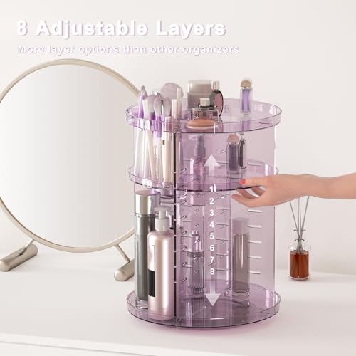 Rotating Makeup Organizer for Vanity, DIY Adjustable Tray Spinning Skincare Organizers Countertop, Cosmetic Display Case with Perfume Tray Brush Holder, Bathroom Desk Corner Storage Carousel Rack - color: Clear Purple