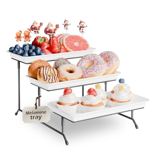 3-Tier Melamine Serving Tray Set, 11.5" x 5.6" Platters for Serving Food, White Reusable Trays with Black Metal Display Stand for Cupcakes, Sevring Food, Dessert, Fruit, Cookie, Black - color: Black, size: 11.8" x 5.7"