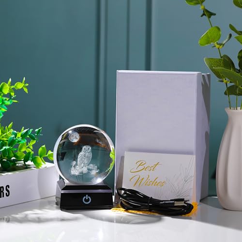 Qianwei Owl Gifts for Women 3D Crystal Ball 3.14'' - Laser Owl Decor Glass Animals Bird Figurines Statue Stuff for Room Decorations Bird Night Light - style: Owl